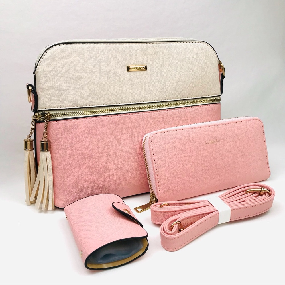 Elim & Paul Women’s Pink & Cream Shoulder/Crossbody Purse Handbag, 3 Pc Set NWOT